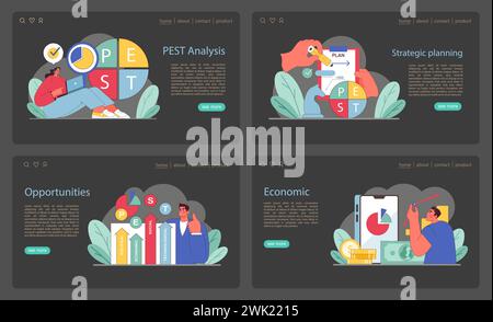 Web-Banner-Set für die SCHÄDLINGSANALYSE. Umfassender Überblick über die Unternehmensbewertung. Politische, wirtschaftliche, soziale und technologische Erkenntnisse für strategisches Wachstum. Illustration des flachen Vektors. Stock Vektor