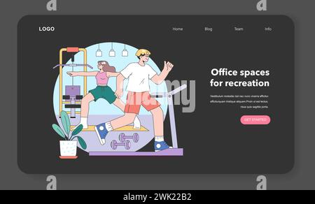 Fitness-Studio-basiertes Büro-Pausenkonzept. Ein Paar, das sich mit Laufband- und Kraftstationen in entspannenden Innenräumen entspannen kann. Energiegeladene Flucht vor Schreibtischaufgaben. Illustration des flachen Vektors Stock Vektor