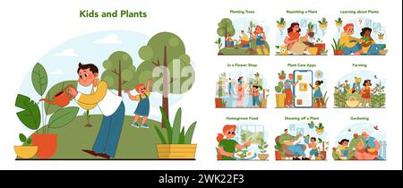 Kinder- und Pflanzenset. Junge und Mädchen erkunden die Natur mit Familienmitgliedern. Kinder durch Aktivitäten wie Gartenarbeit, Landwirtschaft und Pflanzenpflege-Apps in die Botanik einbinden. Illustration des flachen Vektors Stock Vektor