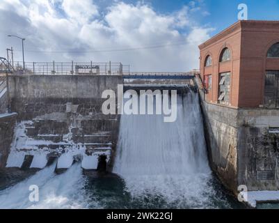 Luftbild der Erie Canal Locks in Seneca Falls, NY, zwischen Seneca Lake und Cayuga Lake. Stockfoto