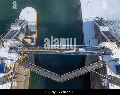 Luftbild der Erie Canal Locks in Seneca Falls, NY, zwischen Seneca Lake und Cayuga Lake. Stockfoto