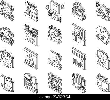 System Work Process Collection Isometrische Symbole legen Vektor fest Stock Vektor