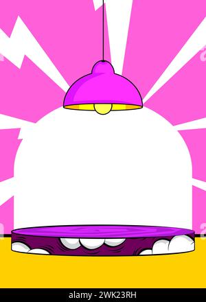 Comic Book Produkt Podiumständer für Mockup-Präsentation mit Hängelampe. Retro-Comics-Hintergrund. Stock Vektor