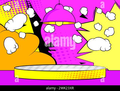 Comic Book Produkt Podiumständer für Mockup-Präsentation mit Hängelampe. Retro-Comics-Hintergrund. Stock Vektor