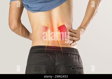 Männer mit Nierenversagen auf grauem Hintergrund. Stockfoto