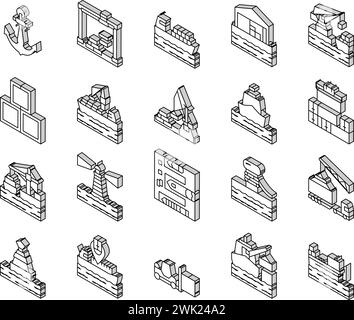 Container Port Tool Collection Isometrische Symbole legen den Vektor fest Stock Vektor