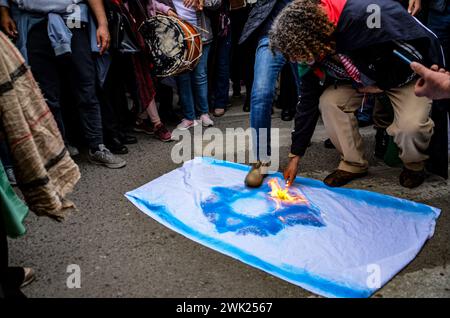 17. Februar 2024: Tunis, Tunesien. 17. Februar 2024. Demonstranten nehmen an einer großen Demonstration entlang der Habib Bourguiba Avenue in Tunis Teil, um gegen den andauernden israelischen Krieg gegen Gaza zu protestieren. Die Teilnehmer schwenkten die palästinensische Flagge und verlangten einen sofortigen Waffenstillstand im verwüsteten Gazastreifen. Während des marsches verbrannten einige Demonstranten die israelische Flagge (Credit Image: © Hasan mrad/IMAGESLIVE via ZUMA Press Wire) NUR REDAKTIONELLE VERWENDUNG! Nicht für kommerzielle ZWECKE! Stockfoto