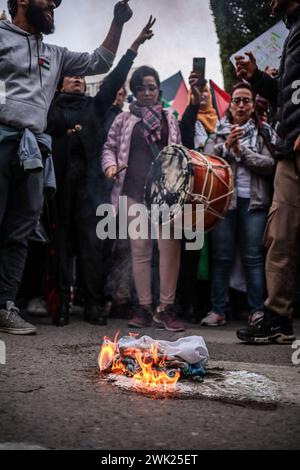 17. Februar 2024: Tunis, Tunesien. 17. Februar 2024. Einige Demonstranten verbrennen die israelische Flagge während einer großen Kundgebung entlang der Habib Bourguiba Avenue in Tunis aus Protest gegen den andauernden israelischen Krieg gegen Gaza. Die Teilnehmer schwenkten die palästinensische Flagge und verteidigten den palästinensischen Widerstand, während sie zu einem sofortigen Waffenstillstand im verwüsteten Gazastreifen aufriefen (Foto: © Hasan mrad/IMAGESLIVE via ZUMA Press Wire). Nicht für kommerzielle ZWECKE! Stockfoto