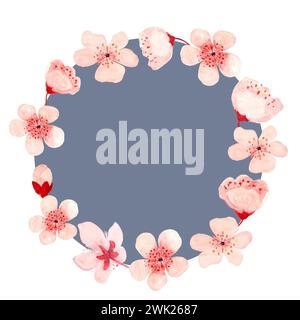 Rosafarbene Blumen, runder Rahmen auf grauem Hintergrund in einem hübschen Muster mit Blüten und Blüten Stockfoto
