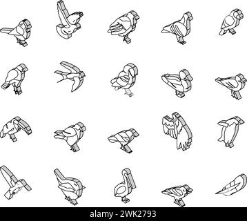 Vogel fliegendes Tier mit Feder isometrische Symbole setzen Vektor Stock Vektor