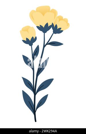 Blumenstrauß aus Pflanzen und gelben Blumen in flachem Stil auf weißem Hintergrund. Wiesenblumen und Gräser, Blätter und Tulpen. Vektorabbildung Stock Vektor