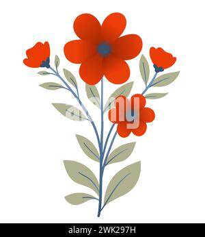 Blumenstrauß aus Pflanzen und roten Blumen in flachem Stil auf weißem Hintergrund. Wiesenblumen und Gräser, Blätter und Mohn. Vektorabbildung Stock Vektor