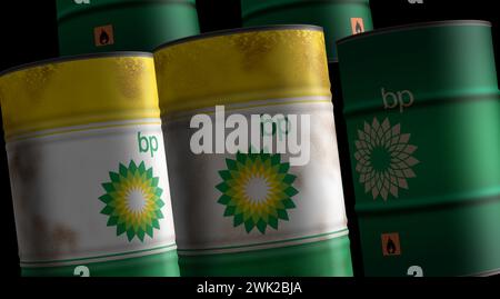 Poznan, Polen, 14. Februar 2024: BP Oil Fuel and Gas Barrel in ROW Konzept. British Petroleum Company und Benzin Industriecontainer 3D illustrat Stockfoto