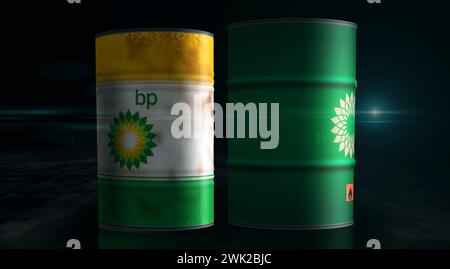 Poznan, Polen, 14. Februar 2024: BP Oil Fuel and Gas Barrel in ROW Konzept. British Petroleum Company und Benzin Industriecontainer 3D illustrat Stockfoto