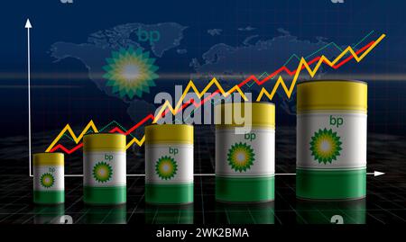 Poznan, Polen, 14. Februar 2024: BP-Öl-Brennstoff- und Gasfässer auf Wachstumskarte. British Petroleum Company und Benzin industrielle Metallbehälter mit Stockfoto