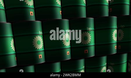 Poznan, Polen, 14. Februar 2024: BP Oil Fuel and Gas Barrel in ROW Konzept. British Petroleum Company und Benzin Industriecontainer 3D illustrat Stockfoto