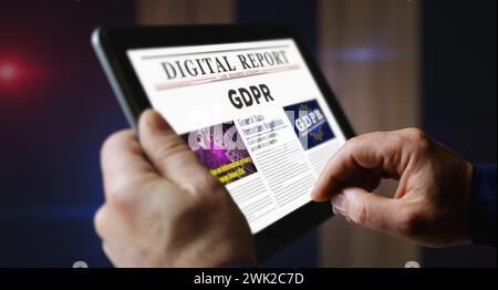 DSGVO Allgemeine Datenschutzverordnung Tageszeitung liest auf dem Bildschirm eines mobilen Tablets. Mann-Touchscreen mit Schlagzeilen Nachrichten abstrakt Conep Stockfoto