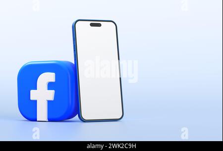 Valencia, Spanien - Februar 2024: Facebook-App-Symbol mit einem Mobiltelefon-Modell für eine Vorlage für Social-Media-Marketing im 3D-Rendering. Facebook ist eine po Stockfoto
