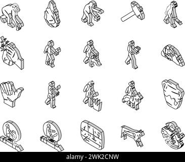 Menschliche Evolution Mensch Caveman isometrische Symbole setzen Vektor Stock Vektor