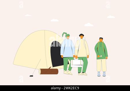 Touristen campen. Wanderfiguren Urlaubspicknick. Expedition mit Menschen. Drei junge Freunde im Wald in der Nähe des Zeltes. Illustration der Vektorabwicklung. Stock Vektor