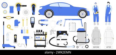 Detaillierung des Fahrzeugs. Vektorillustrationssatz isolierter Personen mit Autowerkzeugen. Polieren, trockenes Leder mit Wachs reparieren, innen und außen reinigen. Si Stock Vektor