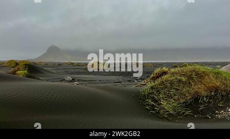 Schwarzer Strand von Stokknes in Hofn (Island) in der Nähe von Wikingerdorf Stockfoto