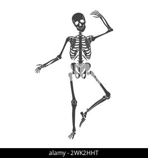 Tanz von schwarzem Skelett, lustiger Charakter mit Gelenken und Schädel tanzt auf Halloween Party Vektor Illustration Stock Vektor