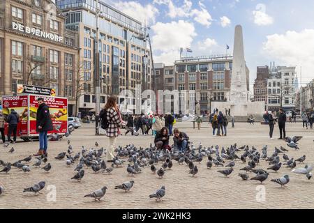 Die Leute genießen die Tauben auf dem Dam-Platz in Amsterdam. Stockfoto