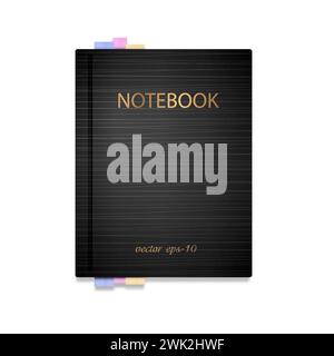 Schwarzes Notizbuch auf weißem Hintergrund. Mehrfarbige Lesezeichen in einem Buch. Papiermocap .Vektor-Illustration. Stock Vektor
