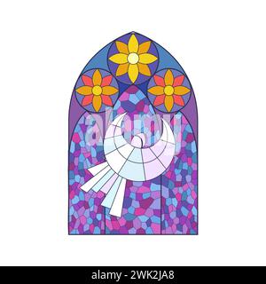 Buntglasbogenfenster des christlichen Tempels, fliegende weiße Engel und rote Blumen Muster Vektor Illustration Stock Vektor
