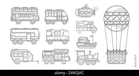 Transport-Symbole auf weißem Hintergrund .Bus, Auto, Zug für Reisen .Haus auf Rädern .Vektorlinien-Symbole in flachem Design Transport .Vektorillustratio Stock Vektor