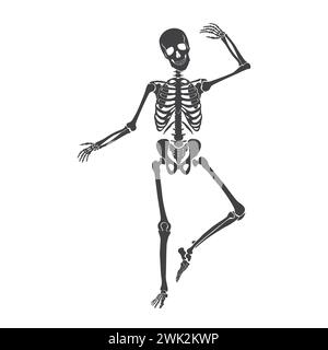 Tanz von schwarzem Skelett, lustiger Charakter mit Gelenken und Schädel tanzt auf Halloween Party Vektor Illustration Stock Vektor