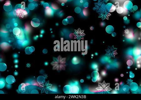 Weihnachtsabend. Schneefall. Märchenhafter Hintergrund. Glaube. Feiern. Schneeflocken, Lichter und Bokeh vor dunklem Hintergrund. Stockfoto