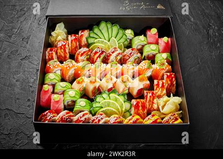 Großes Set mit verschiedenen japanischen Brötchen mit Thunfisch, Lachs und Aal, verpackt in einer Pappschachtel mit eingelegtem Ingwer, Gurkenscheiben und Zitrone, auf schwarzem Backen Stockfoto