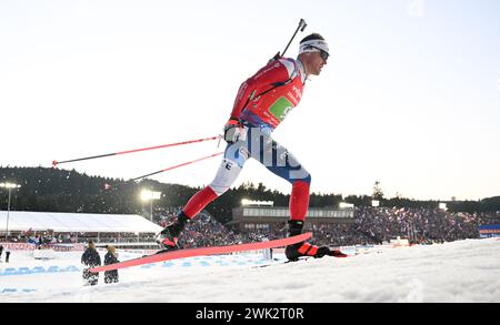 17. Februar 2024, Tschechische Republik, Nove Mesto Na Morave: Biathlon, Weltmeisterschaften, Staffel 4 x 7,5 km, Männer. Michal Krcmar aus Tschechien auf der Strecke. Foto: Hendrik Schmidt/dpa Stockfoto