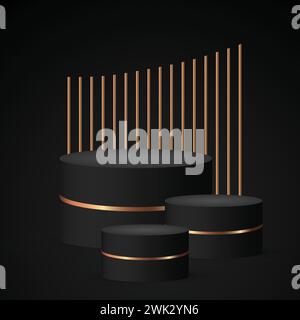 Black Gold Podium 3D-Produktpräsentationsset für 3 Produkte Stock Vektor