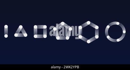 Logodesign mit Punkt-zu-Punkt-Formen. Linie, Dreieck, Quadrat, Fünfeck, Sechskant, Kreis mit Punkt zu Punkt verbunden. Stock Vektor