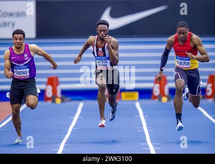 17/18. Februar 2024, Utilita National Indoor Arena, Birmingham, Großbritannien. Veranstaltung: 2024 Leichtathletikmeisterschaften in Großbritannien. Bildunterschrift: 60 m Vorläufe für Herren. Bild: Mark Dunn/Alamy Live News (Sport) Stockfoto