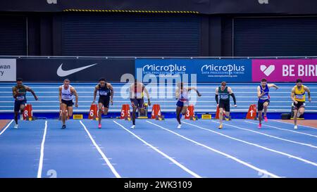 17/18. Februar 2024, Utilita National Indoor Arena, Birmingham, Großbritannien. Veranstaltung: 2024 Leichtathletikmeisterschaften in Großbritannien. Bildunterschrift: MES 60m letztes Bild: Mark Dunn/Alamy Live News (Sport) Stockfoto