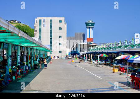 Donghae City, Südkorea - 28. Juli 2019: Der Fischmarkt der Donghae City Fisheries Cooperative ist mit Fischern unter einer Markise in unmittelbarer Nähe zu sehen Stockfoto
