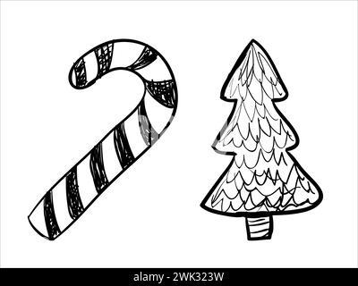 Kunst-Illustration-Skizze abstrakte Handzeichnung Vektor-Symbol Icon des weihnachtszeichens Tanne Baum und Süßigkeiten Stock Vektor