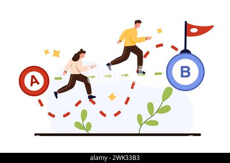 Komplexe und einfache Möglichkeiten zur Lösung harter Geschäftsprobleme. Winzige zwei Leute, die von Punkt A nach B laufen, Mann, der Abkürzung in gerader Linie wählt, Frau auf schwierigem Weg Cartoon Vektor Illustration Stock Vektor