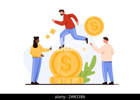 Finanzstabilität, stabiles Gleichgewicht des Investmentmarktes. Winziger Geschäftsmann, der auf Gold-Dollar-Münze mit Unterstützung des Geschäftsteams, Erfolgsmanagement und Vermögensstrategie-Karikaturvektor-Illustration balanciert Stock Vektor