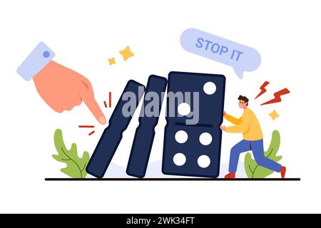 Proaktives Krisenmanagement, Konflikte und Kampf um Unternehmensstabilität. Riesige Hand eines Geschäftsmannes, der Dominoblöcke schiebt, ein winziger Mann, der aufhören will Stock Vektor