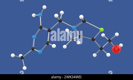 3D-Molekülstruktur von Vitamin B1 Thiamin oder Aneurin, auf blauem Hintergrund, 3D-Rendering-Illustration Stockfoto