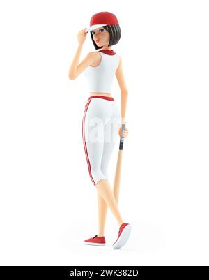 3D Baseballmädchen, das mit Fledermaus läuft, Illustration isoliert auf weißem Hintergrund Stockfoto