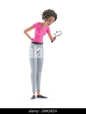 3D schöne Frau, die durch Lupe schaut, Illustration isoliert auf weißem Hintergrund Stockfoto