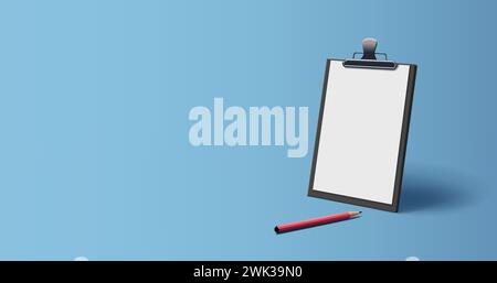 Clipboard 3D-Illustration mit leerem Papier und Bleistift auf dem Tisch, realistische Rendering-Vektor-Illustration Stock Vektor