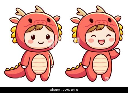 Kawaii kleiner Junge in rotem chinesischem Drachen-Kigurumi-Einteiler-Kostüm. Niedliche Zeichentrickfigur stehend und winkend, Vektor-Clip-Kunst-Illustration. Stock Vektor