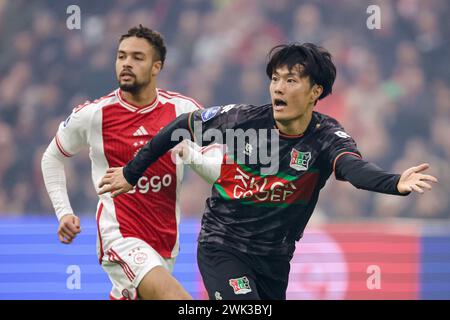 Amsterdam, Niederlande. Februar 2024. AMSTERDAM, NIEDERLANDE - 18. FEBRUAR: Koki Ogawa von NEC Gesten während des niederländischen Eredivisie-Spiels zwischen AFC Ajax und NEC in der Johan Cruijff Arena am 18. Februar 2024 in Amsterdam. (Foto: Broer van den Boom/Orange Pictures) Credit: Orange Pics BV/Alamy Live News Stockfoto